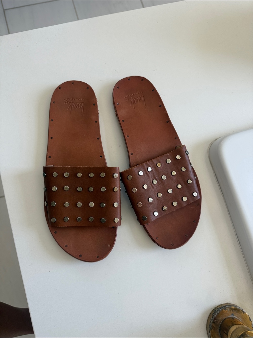 beek Brown Studded Leather Slide Sandals